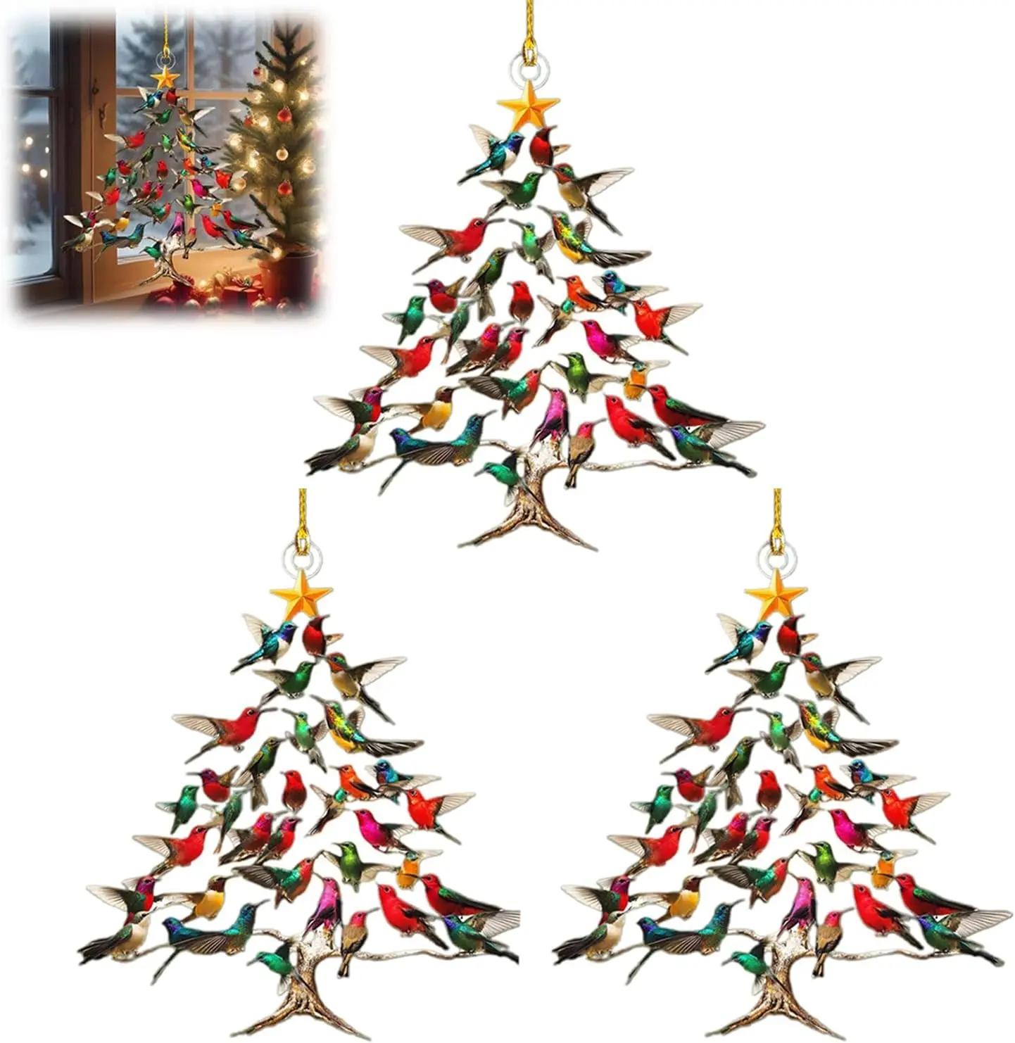 3PCS Hummingbird Christmas Ornament, Colorful Hummingbirds Tree Decor, Stacked Hummingbird Ornament for Christmas, Winter Hummingbirds Home Decoration, for Bird Lovers