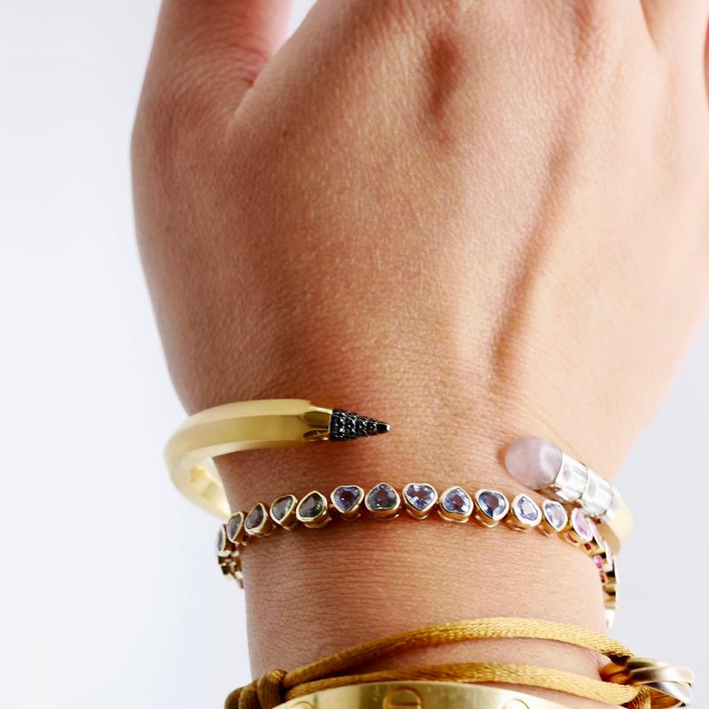 18K Solid Gold Pencil Bracelet Bangle with Moissanite and Pink Nephrite