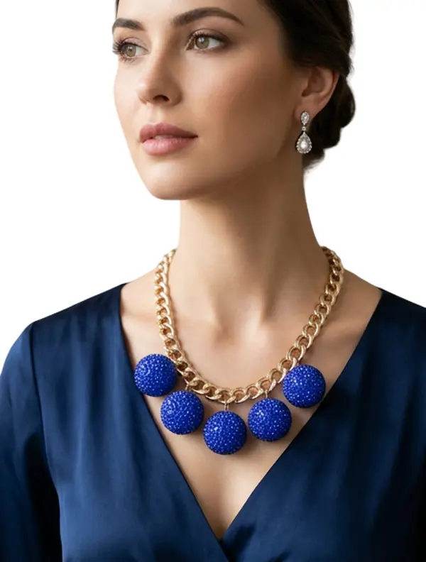 NEW Gold Tone Chunky Chain Necklace for Women with Five Blue Rhinestone Ball Charms, Short Statement Bib Jewelry, WN67