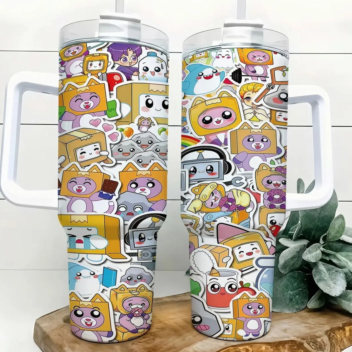 LankyBox Kids Tumbler 40oz Large Leak Proof Stainless Steel Travel Mug Handle Fun Cartoon Stickers Style Keep Drinks Hot 12 Hours Cold 24 Hours Ideal for School Home Outdoor