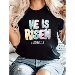 Easter Women S He Is Risen T Shirt Featuring Matthew 28 6 Bible Verse Comfortable Breathable Lightweight Crew Neck Christian Apparel Perfect Religious Holiday Gift in Pastel Easter Colors Suitable for Daily Church Wear Easy to Wash