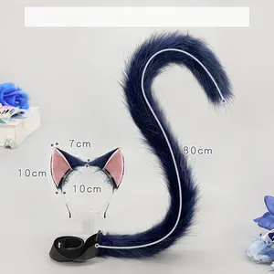 Soft Plush Navy Blue Cat Ears and Tail Set – Bendable, Adjustable Cosplay Prop