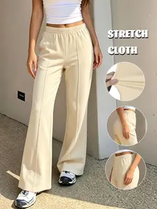 GILIPUR Women's Beige High Waist Flare Sweatpants, American Casual Style Draping Wide Leg Pants, Elastic Waist Comfort Design, Perfect for Daily Commute and Casual Outings
