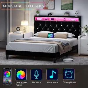 HOMBCK Bed Frame with Led Lights, Mattress not included, Upholstered Platform  Bed Frame with Diamond Tufted, No Box Spring Needed, Noise-Free