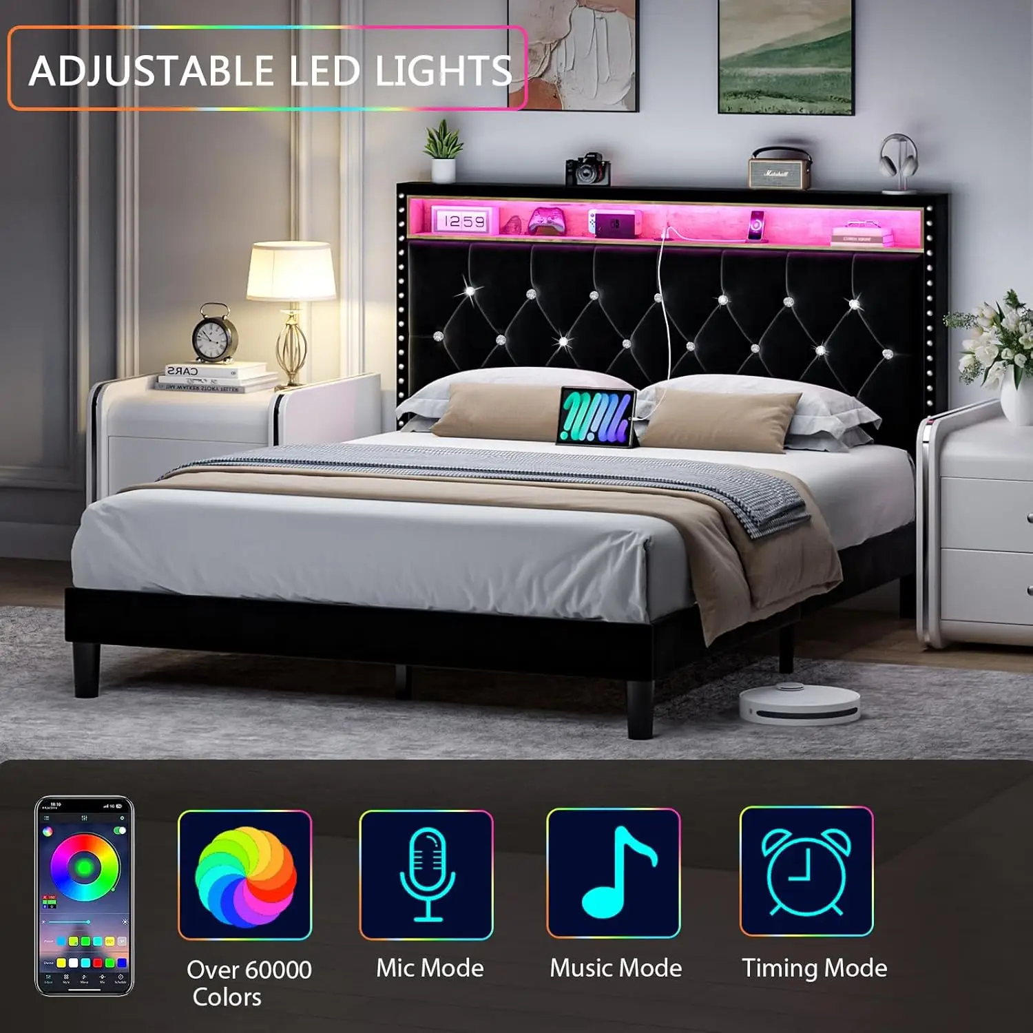 HOMBCK Bed Frame with Led Lights, Mattress not included, Upholstered Platform Bed Frame with Diamond Tufted, No Box Spring Needed, Noise-Free