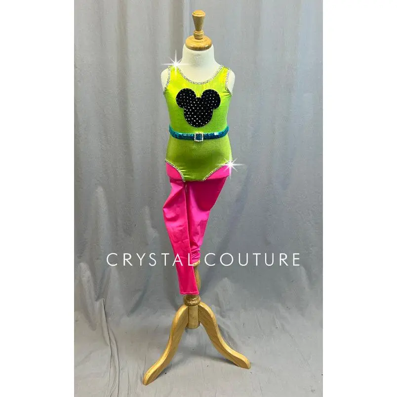 Neon Green and Hot Pink 80s Aerobic Costume - Rhinestones