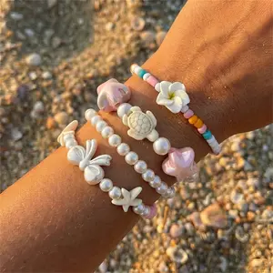 4Pcs/set Bohemian Bowknot Flower Turtle Starfish Bracelets For Women Handmade Rice Beads Stacked Bracelet Summer Beach Jewelry