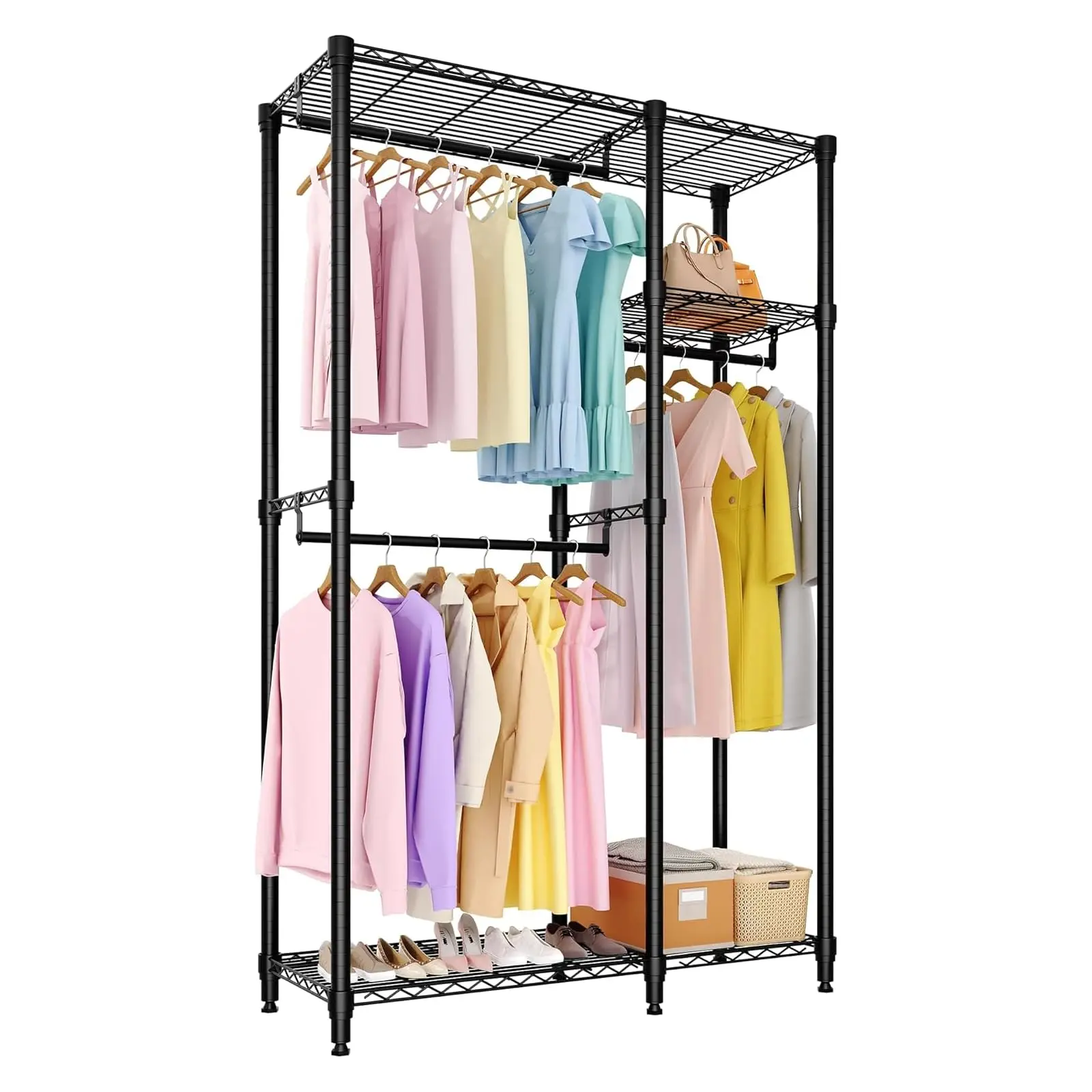 YJ-Garvee Freestanding Clothes Rack for Hanging Clothes, Heavy Duty Garment Rack Loads 700LBS with 3 Hanging Rods and Adjustable Wire Shelves, Portable Closet Wardrobe Organizer, 76.5"H x 41.6"L x 15.5"W, Black