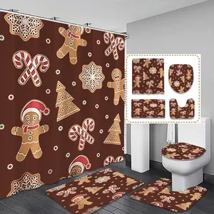 Christmas Waterproof Shower Curtain Set with Non-Slip Rug, Gingerbread Decorations, Toilet Lid Cover and U-Shaped Mat, Winter Bathroom Decoration