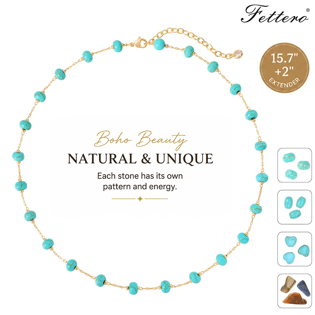 Fettero Turquoise Beaded Gold-Plated Necklace for Women, Brass Chain Necklace, Adjustable Necklace, In Summer Beach Necklaces Boho Necklaces Handmade Western Jewelry Gift for Her DealsForYouDays WeeklyDeals summerwins