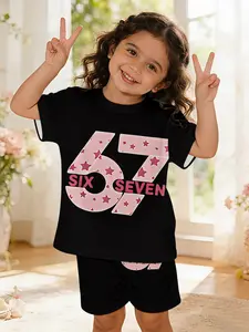 Digital printed baby girls' simple short-sleeve clothing set with star and number patterns on black background, made of 100% polyester. This cute casual outfit for infant girls is suitable for daily wear and outdoor activities, and is a perfect gift for b