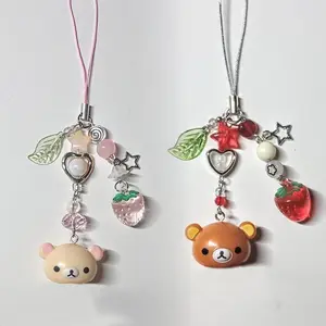 Cute Bell Bear Pendant Matching Phone Charms Keychains Y2K Handmade Rilakkuma Strawberry Beaded Accessories Jewelry Couple Gifts