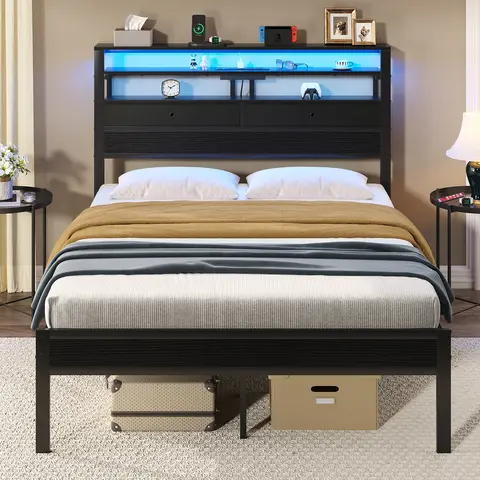 Modern Platform Bed Frame - Twin Storage Bed, Wood Headboard, Charging Station, LED Lights, 2 Fabric Drawers, Storage Shelves, Metal Slats, No Box Spring Needed, Requires Assembly, Indoor Bedroom Furniture