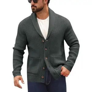 Mens Shawl Collar Cardigan Sweater Button Down Ribbed Knit Sweaters Chunky Casual Cardigan with Pockets Knitwear Menswear Vneck Long Sleeve