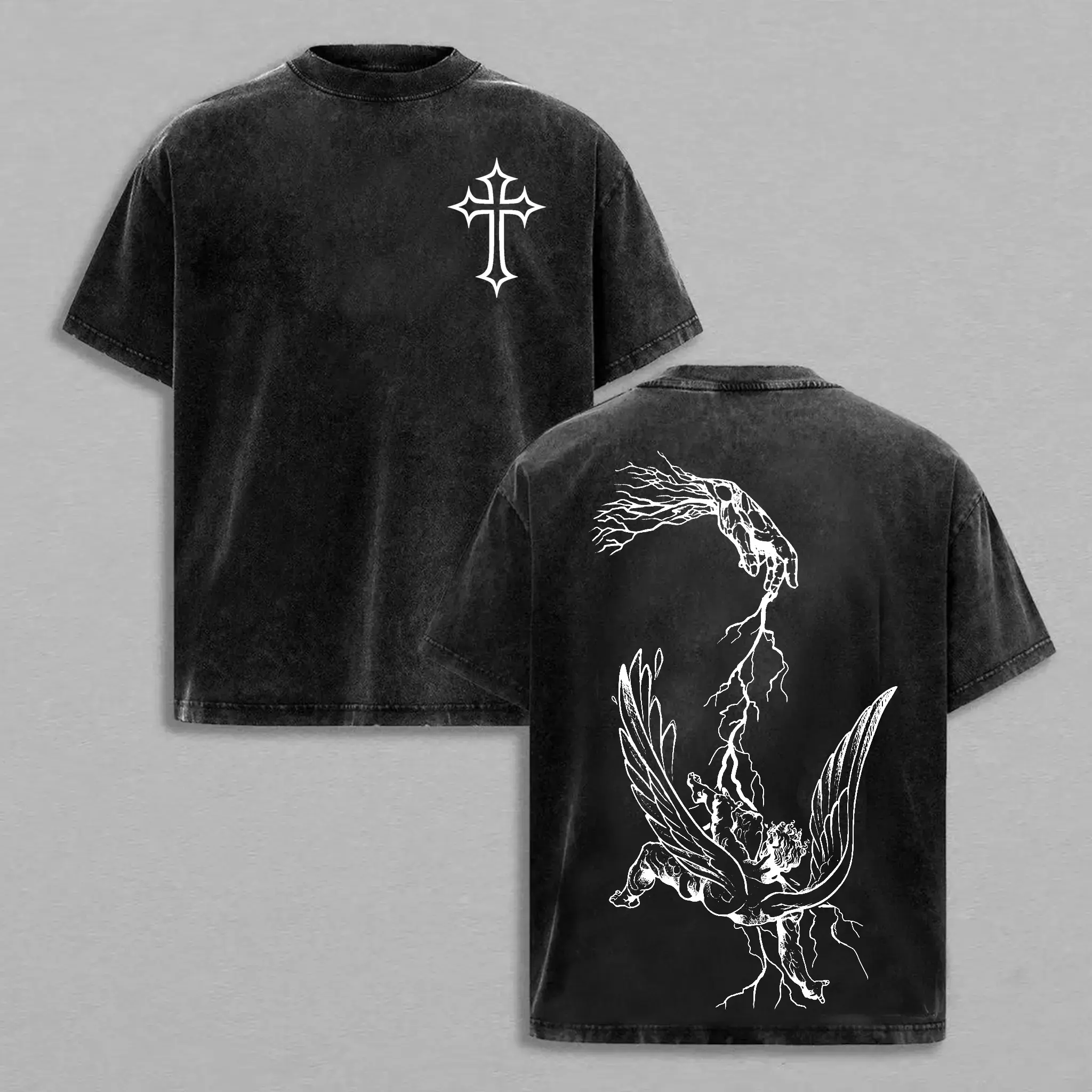 Fallen Angel – Divine Judgment Graphic Tee Chrsitian Washed T-Shirt, Bible Verse Religious Aesthetic Spiritual Fashion USA Church Outfit Easter Tee, Christian Apparel Streetwear Gym Menswear Oversized Top Men or Women，funny graphic tee Love Stylish