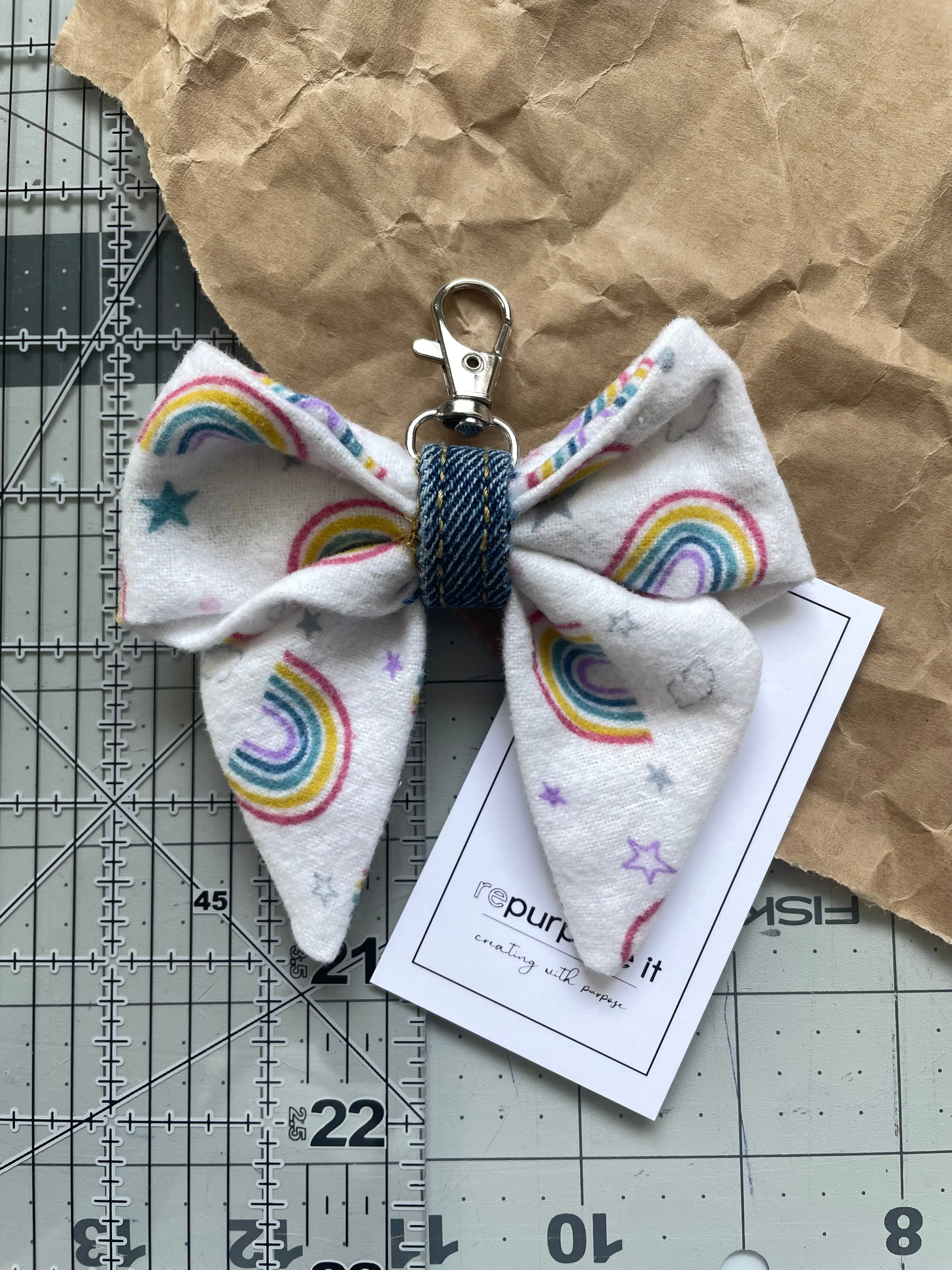 Rainbow Flannel Fabric Bow Keychain