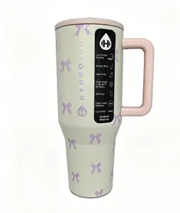 HydroJug 40oz Stylish Coquette Bow Print Traveler Tumbler - Leakproof Insulated Stainless Steel Cup with Handle & Straw, Keeps Drinks Cold 24hrs, Cute Girly Aesthetic Water Bottle for Car & Everyday Use
