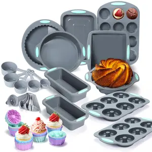nonstick pan 51/46 Pieces，Pieces Silicone Bakeware Set, Non-Stick Kitchen Oven Baking Pans, Silicone Cake Molds with Muffin Pan, Cookies Baking Sheet, Cake Pan, Donut Pan and Loaf Pan with 24 Pack Silicone Baking Cups, 17pcs Measuring Cups and Spoons Set，
