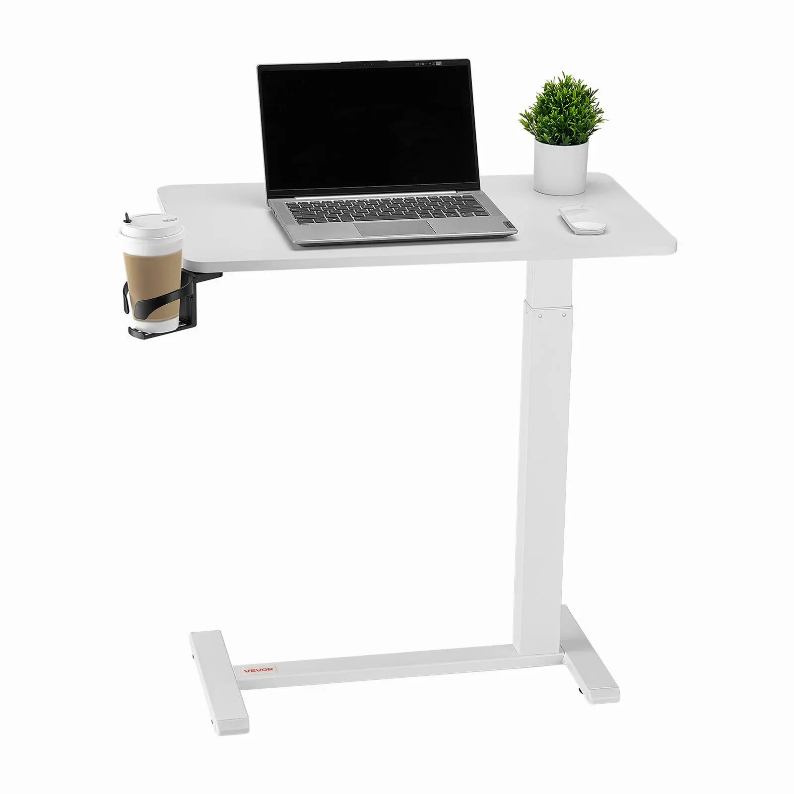 【Summerfinds】VEVOR Overbed Table, Mobile Bed Side Table with 4 Hidden Wheels, Height Adjustable Rolling Laptop Desk with Cup Holder, Portable Particleboard Over Bed Desk for Home, Office, Study, White