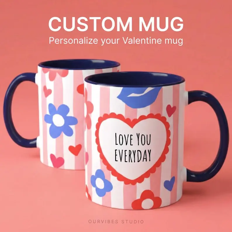 Personalized Valentine 11oz Accent Mug Heart Floral, Custom Name Ceramic Cup