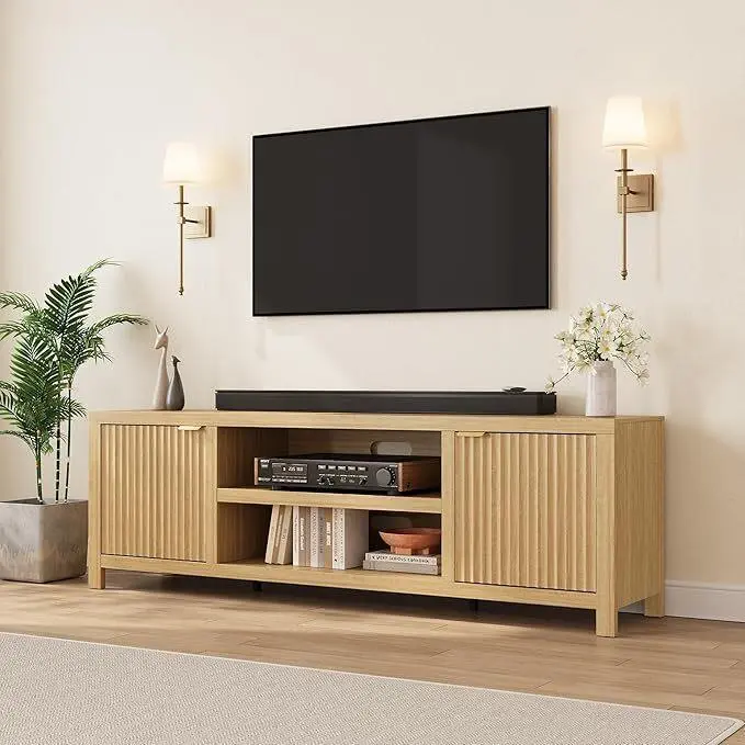 Natural Oak Modern Fluted-Door Gold-Handle TV Stand - Waterproof, 80-in TV Compatible, 220 lbs Capacity, 25 mm Thick, 70.1" L x 15.7" W x 23.1" H, Storage Entertainment Center, Assembly Required, for Living Rooms Bedrooms