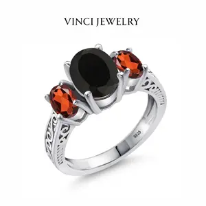 S925 Sterling Silver 2.73 Cttw Black Onyx and Red Garnet 3 Stone Ring For Women, Vintage Artificial Gemstone Jewelry, Vintage Synthetic Obsidian Ring Wedding Engagement Anniversary Promise Ring For Women, Statement Ring Gift for Her Mother's day Gift