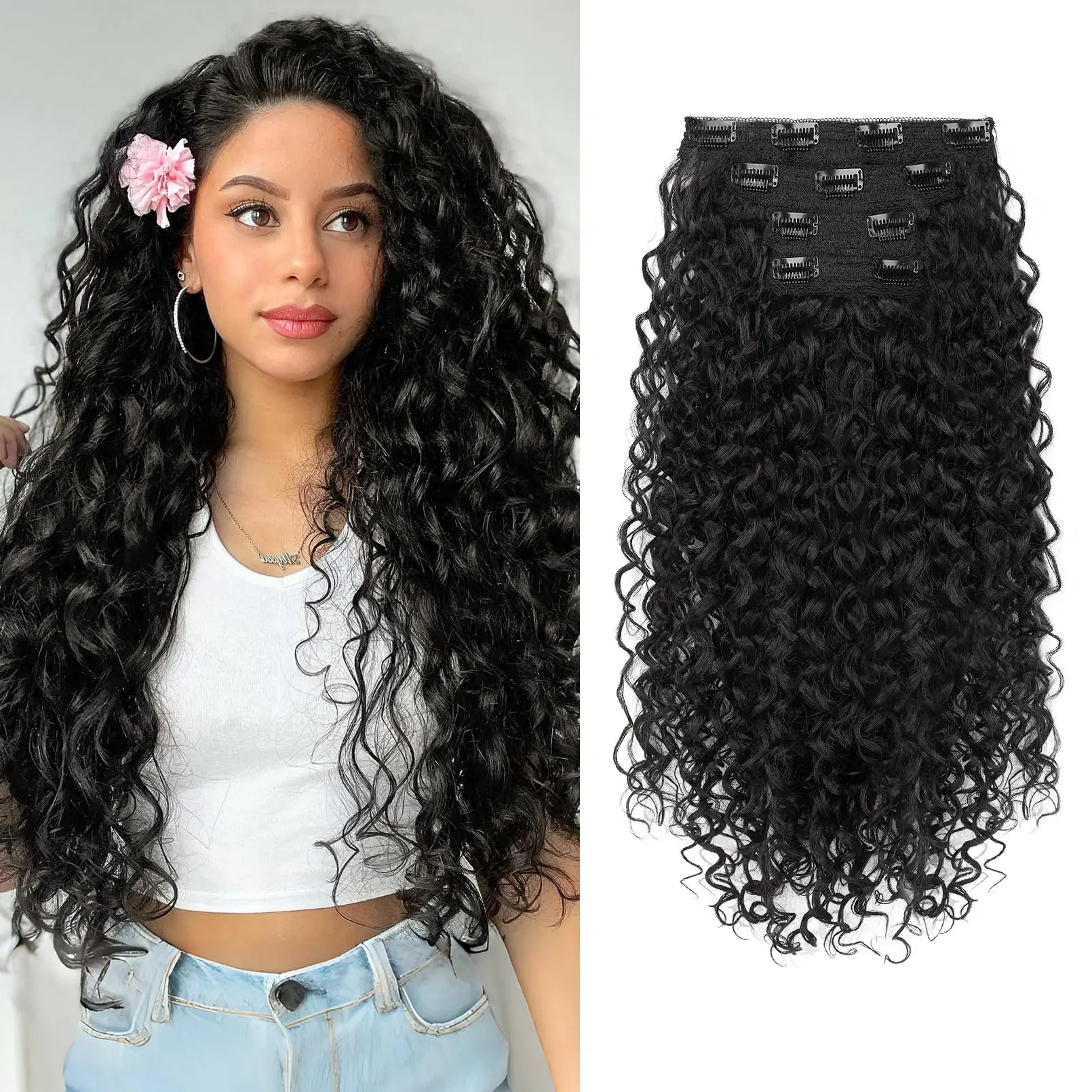 H M D 20 Inch Synthetic Curly Wave Clip-In Hair Extensions for Women, Adds Instant Volume for a Natural Look, Wavy Curls