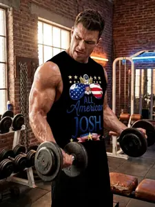 Patriotic Usa Tank Top, Classic Blue Star Stripes, Gold Eagle Logo, Ideal for Independence Day, Summer BBQ, Men's Streetwear