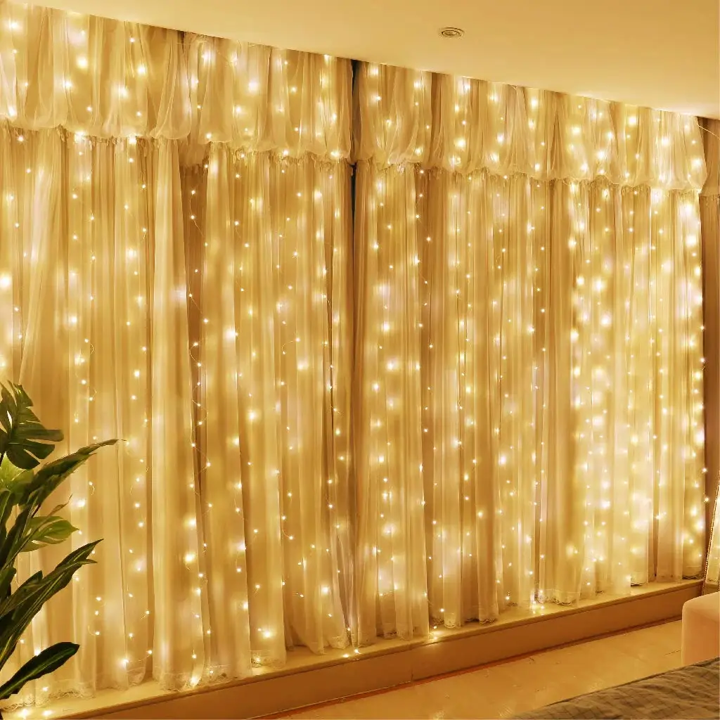 (6 Colors)300LED Fairy Curtain Lights, 9.8x9.8Ft Warm White USB Plug in 8 Modes Christmas String Hanging Lights with Remote for Bedroom, Indoor, Outdo