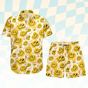 Melting Smiley Face Hawaiian Shirt Shorts Set Men Women Matching Beach Outfit Retro Groovy Summer Vacation Pool Party Festival Rave Couple Loose Comfort Hawaiian Clothing Set