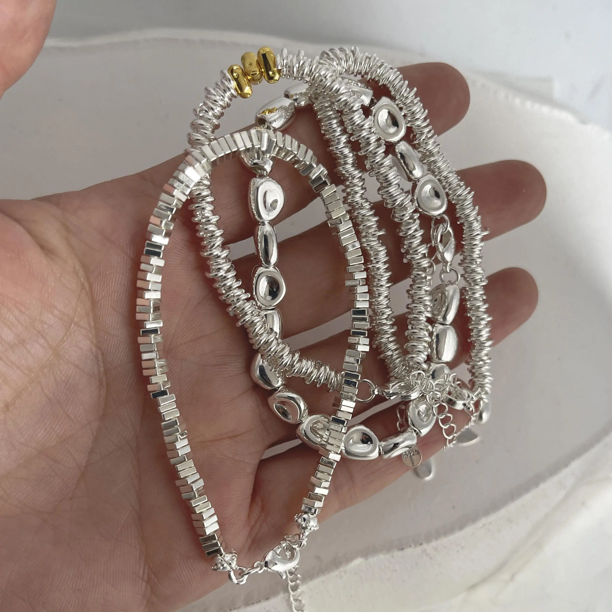 100% Solid 925 Sterling Silver Metal Bracelet for Women Handmade Simple Stone Bracelet Birthday Gift Party