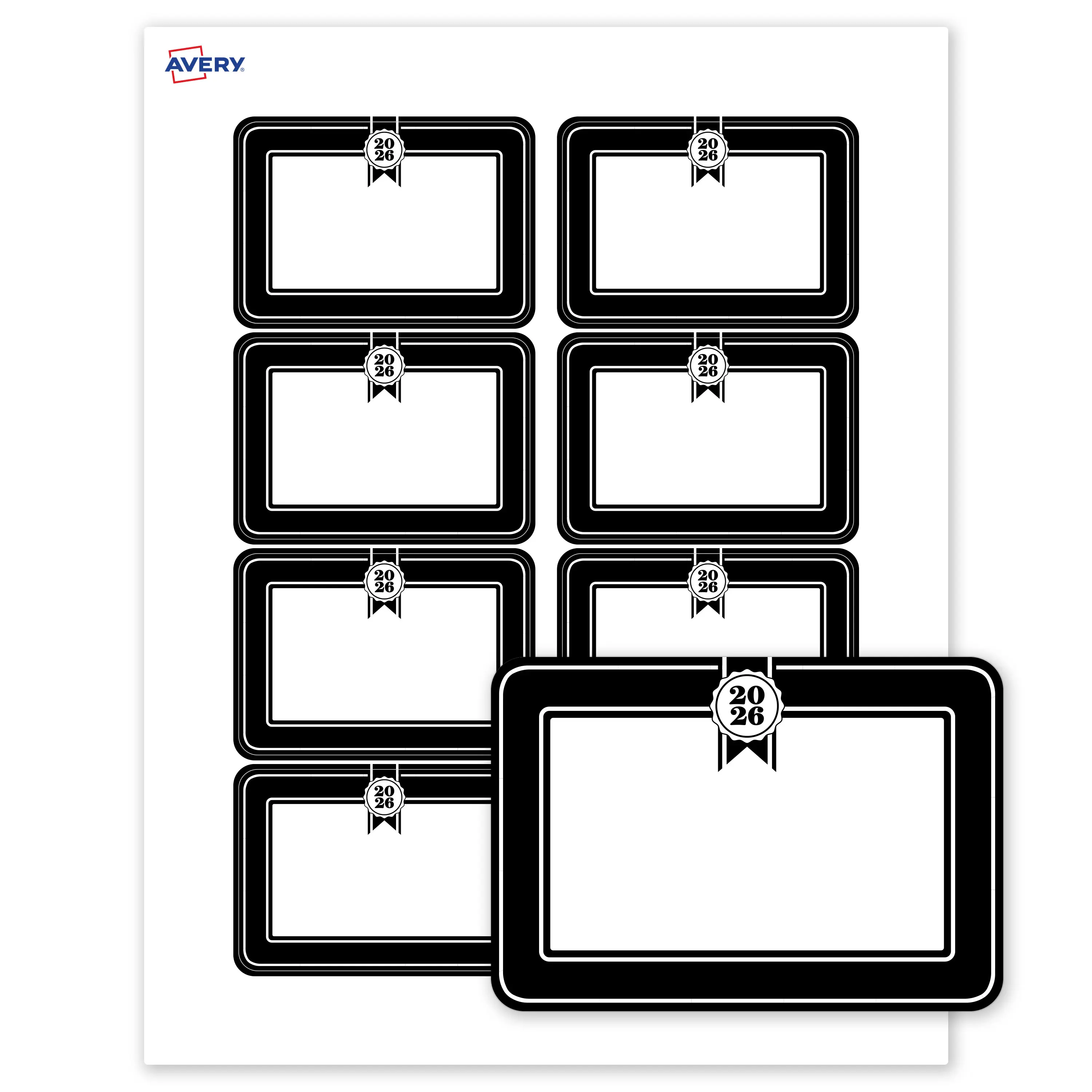 Avery® Printable Adhesive Name Tags Name Badges, 2-1/3" x 3-3/8", Matte White, Pre-printed 2026 Black & White Seal Design Great for Graduation, Laser & Inkjet Compatible, 160 Total