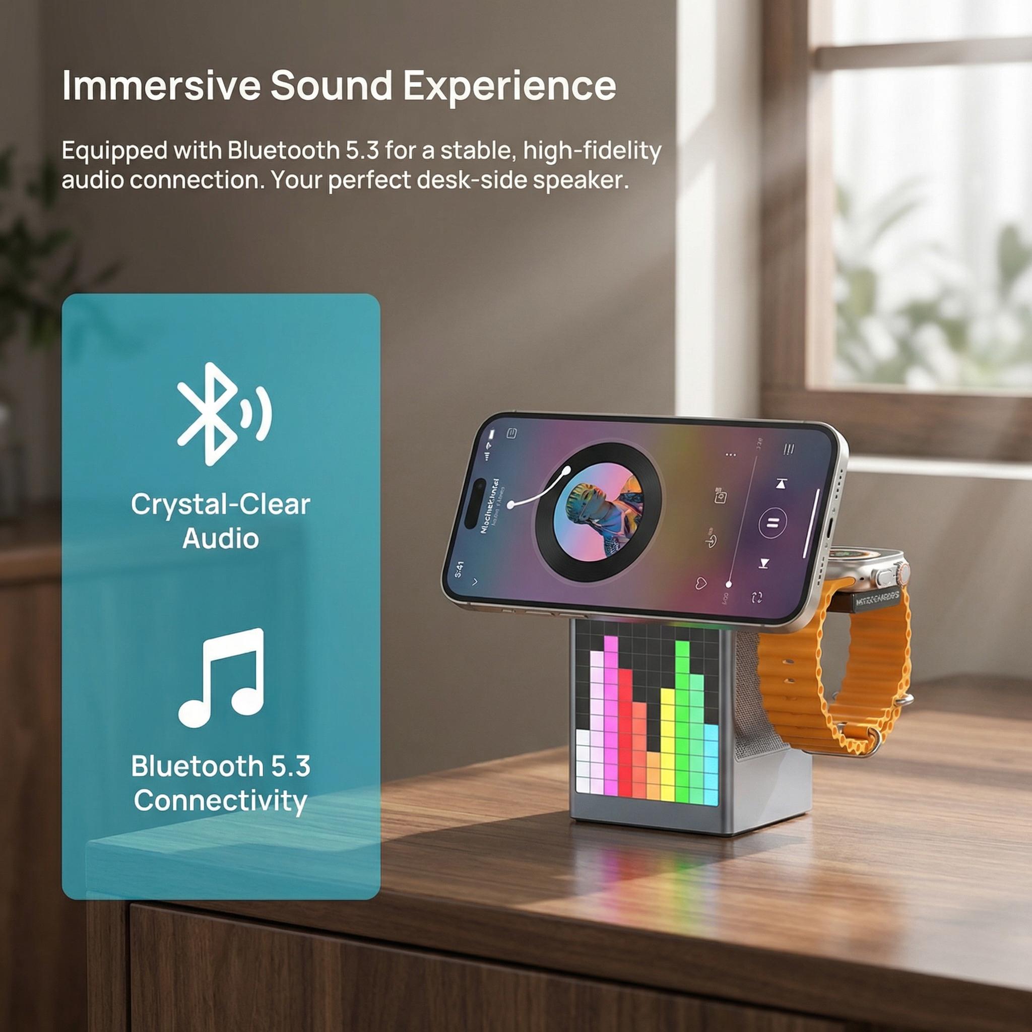 6-in-1 Charging Station for Apple Devices,  15W Magnetic Wireless Charger Stand with Bluetooth Speaker, Digital Alarm Clock, Pixel Display, Compatible with MagSafe iPhone Series, Apple Watch & AirPods - March Madness, Spring Break, World Cup, Easter