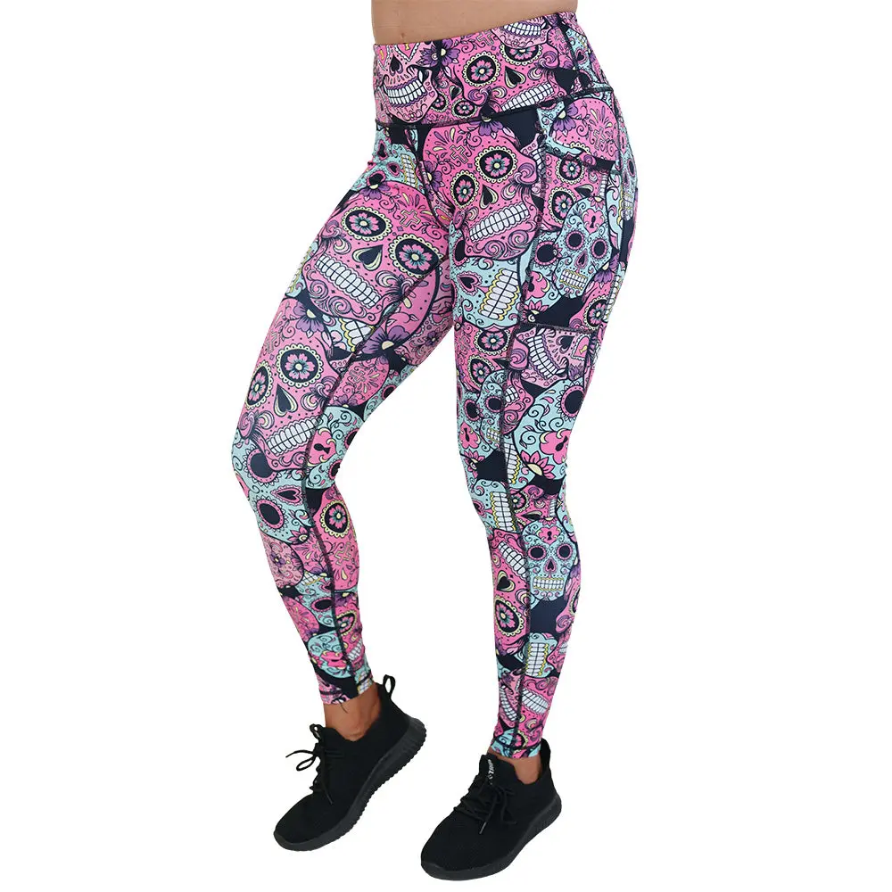 CVG OG Sugar Skulls Leggings Fit Pockets Womenswear Polyester Tight Fitting Pants Spandex For Gym, Female Gym Clothes, Fitness Clothes