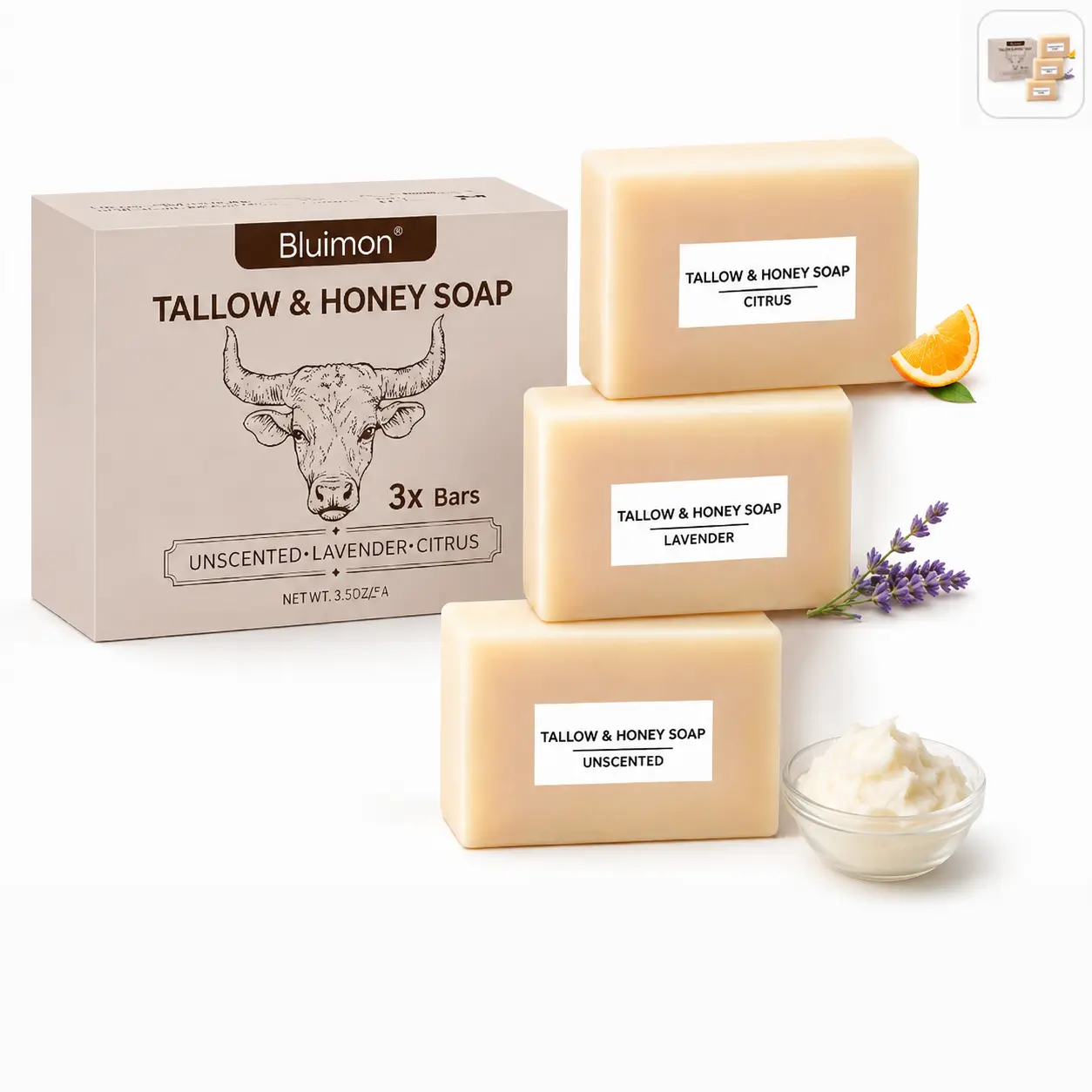 Bluimon Natural Tallow & Honey Face Soap, Tallow Soap, Gentle Face Cleansing Soap, Moisturizing Tallow Face and Body Soap, Hydrating Honey Skin Soap
