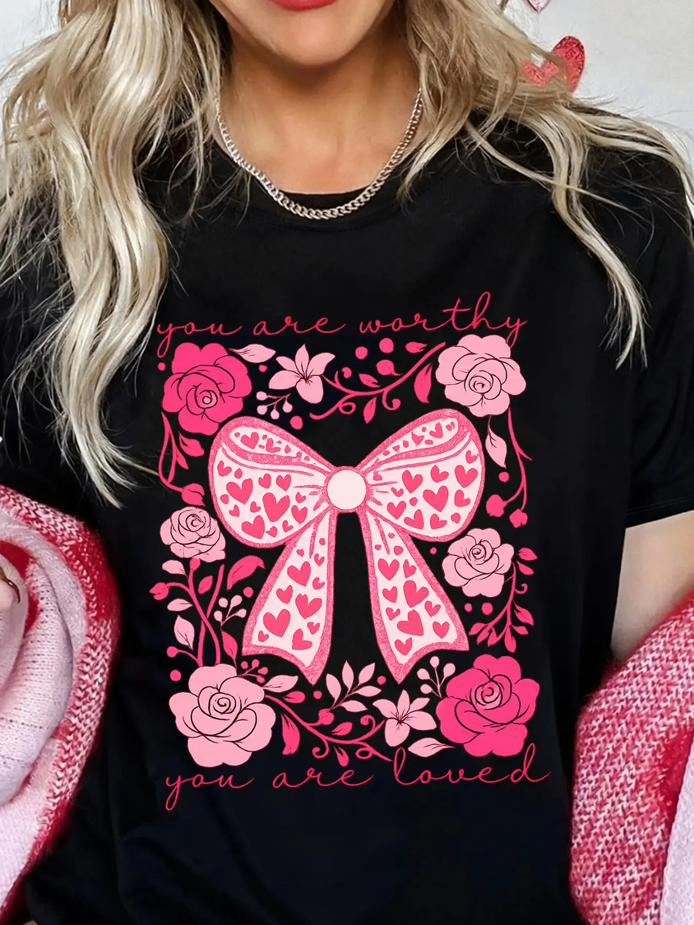 Coquette Aesthetic Positive Message Short Fitted Tee - Pink Bow & Rose Graphic T-Shirt