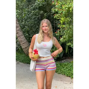 Carlie White Beaded Hibiscus Ribbed Tank Top