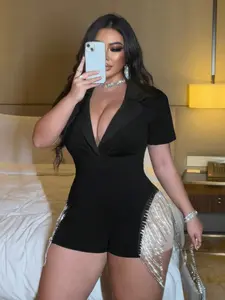 Plus Size Women's Deep V Fringe Jumpsuit, Suit Collar Rhinestone Shorts, Rhinestone Accents, Sexy Party Dress, Evening Event, Stage Performance, Womenswear Fashion