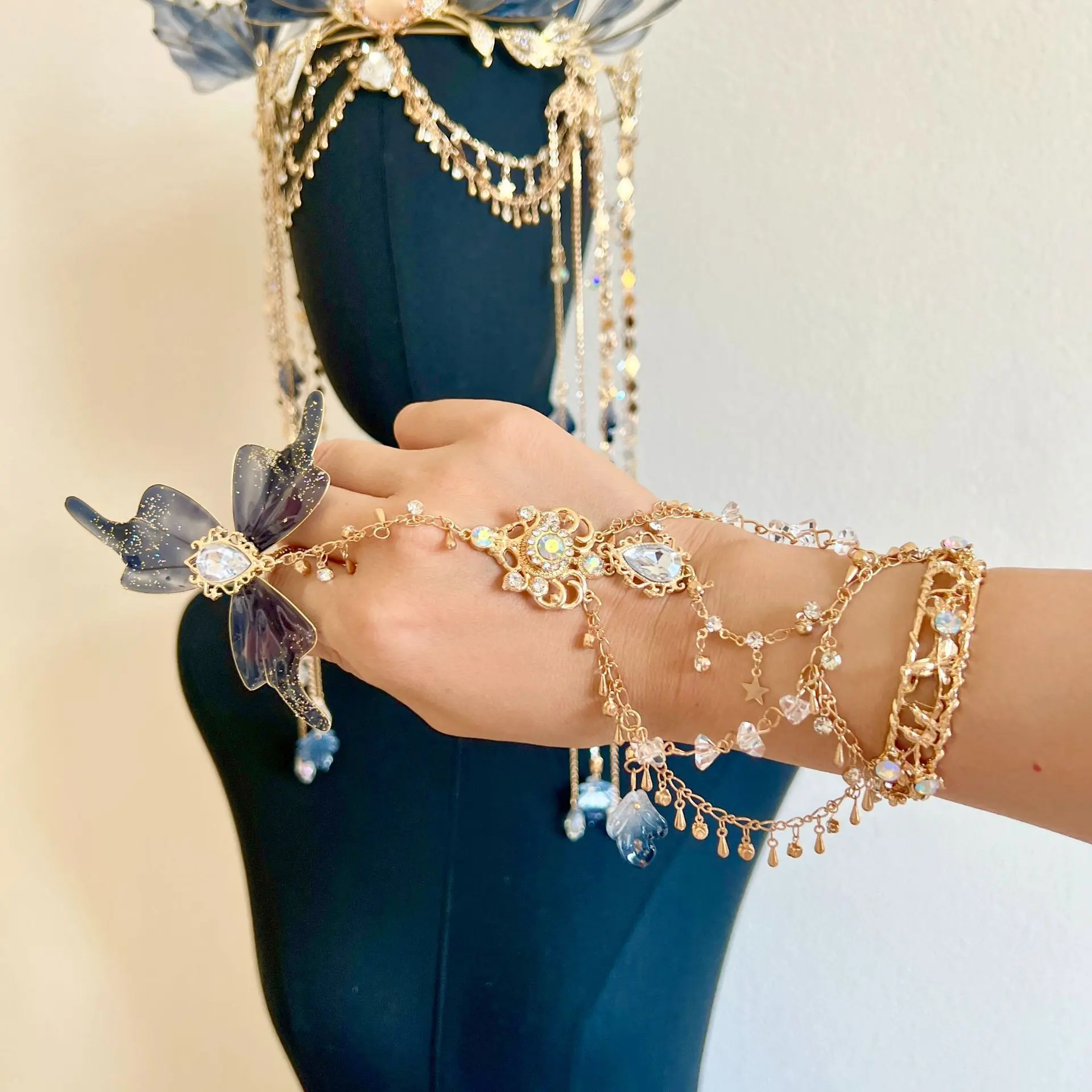 A pair of black, black, gold, and blue w