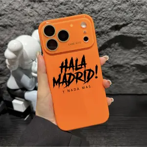 A mobile phone protective case with a HALA Madrid pattern design. It has protection at the camera lens, the case is generally soft, and it has a smooth handfeel. Suitable for iPhone 11, 12, 13, 14, 15, 16, 17 PIUS, Pro, and Promax