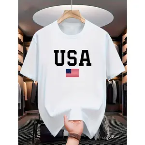 Cotton Short Sleeve  T-Shirt Men'S Patriotic USA Flag Print T-Shirt - Casual Crew Neck, Short Sleeve, Summer with "USA" Lettering & American Flag Detail, Breathable & Comfortable for Casual Attire, Casual Summer |   Crew Neck Shirt |   Distressed Print De
