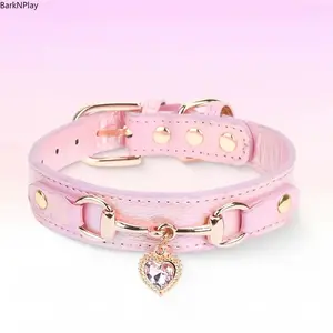 Holographic Luxury Leather Dog Collar - Waterproof Iridescent Cat Necklace with Heart Charm for Small Medium Pets, Adjustable Spring Summer Metallic Puppy Choker, Aesthetic Photo Props Gift