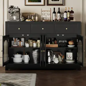 55 Inch Farmhouse Buffet Cabinet with Storage, Large Wood Narrow Kitchen Buffet Storage Cabinet for Dining Room Living Room,  Coffee Bar with Drawers and 4 Doors