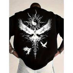 Men'S Yin Yang Wing Graphic T-Shirt |   Asian-Inspired Streetwear Top, Breathable Spandex Blend, Crew Neck, Regular Fit, Casual Style, All-Season Stretch Fabric, Flared Hem