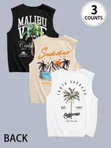 Men's Sleeveless Graphic Tee Set, Menswear Casual Tropical Summer Beachwear, Coconut Tree Print Tank Tops, Perfect for Vacations & Daily Wear, Casual Summer Clothes