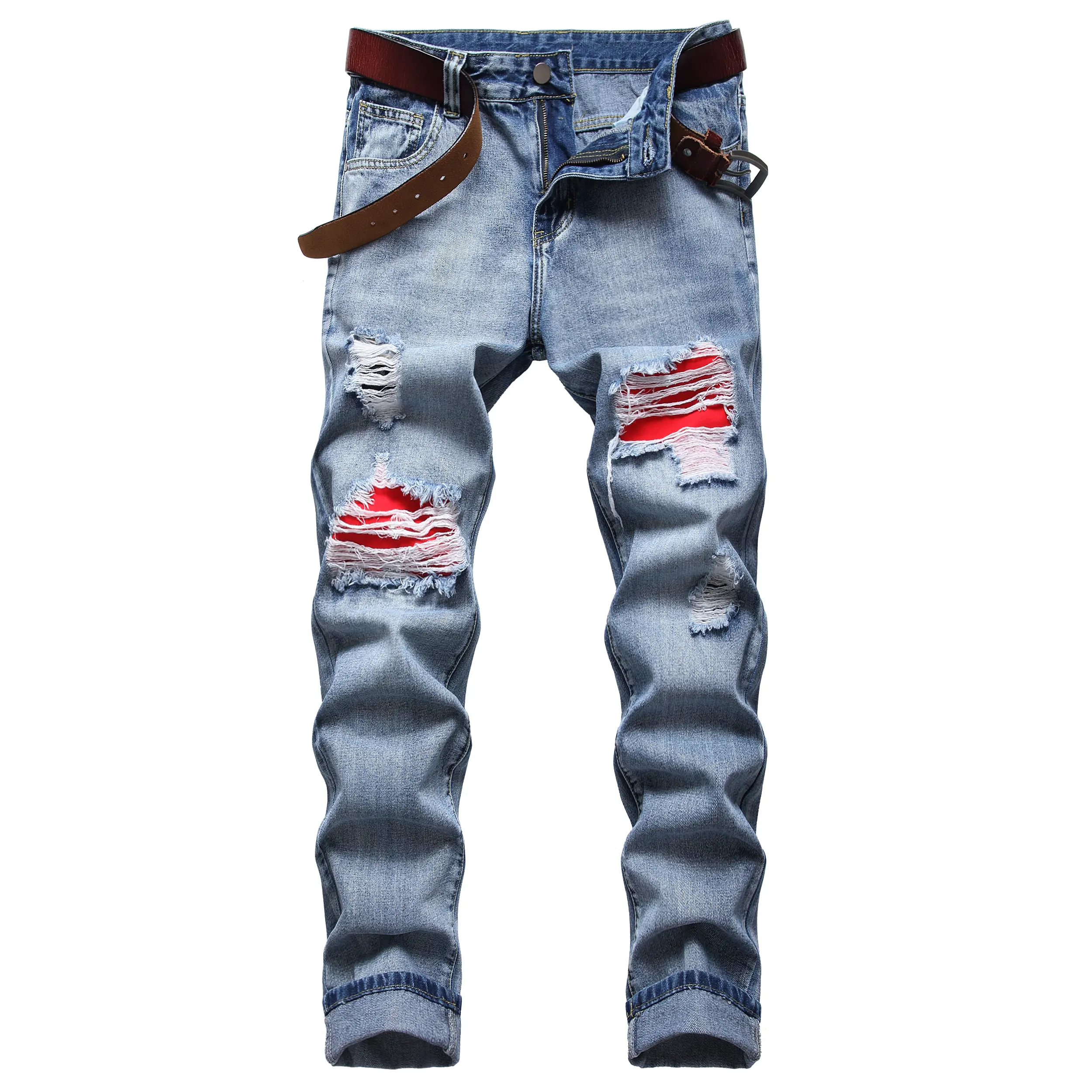 Men's Ripped Cotton Jeans - Menswear Clothes, Mid-Waist Red Denim Long Pants with Rips and Patches, All-Season Wear