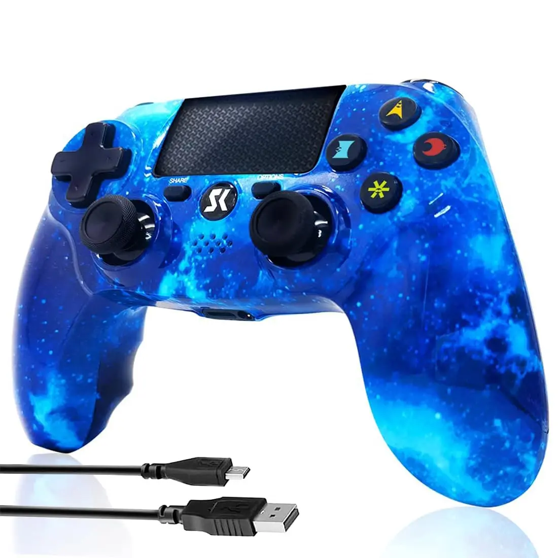ISHAKO Bluetooth Wireless Gaming Controller for PS4 Console, Gaming Accessories, Android/iOS/PC Windows, 800mAh Battery, Double Vibration, Motion Sensing, Touch Pad, Audio Jack, Unique Pattern, PS415 Blue, Video Game Stick