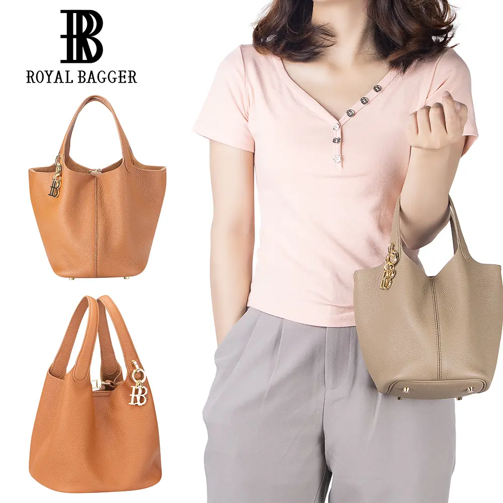 Royal Bagger Women's Chic Genuine Leather Bucket Bag - Solid Color Casual Everyday Daily Commuter Leather Tote Purse with Double Handles, Magnetic Closure, Casual Everyday Bag, Daily Commuter Tote, Leather Tote Purses