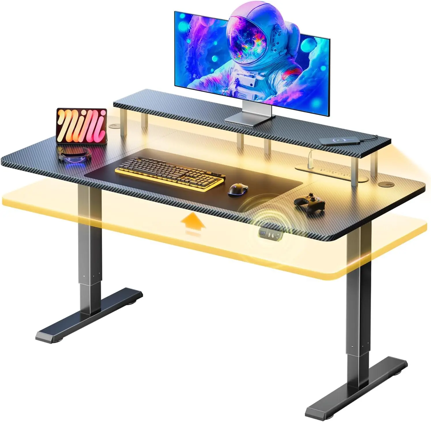 Ecofurnix (Summerwins) Electric Height-Adjustable Gaming Desk - 63/55/47 in, LED Lights, Power Outlet, Monitor Stand, Carbon Fiber, Sturdy, Ergonomic Work from Home & Streamer Setup, Black Office Furniture