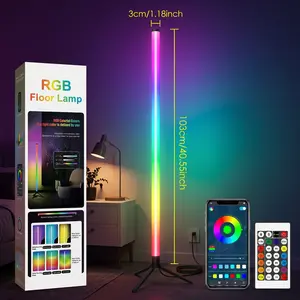 RGB Corner Floor Lamp with APP and Remote Control, Sound Activated Music Sync Lighting, 360° Color Changing Dimmable LED Ambient Light for Gaming Room, Bedroom, Living Room, Streaming Setup Decor